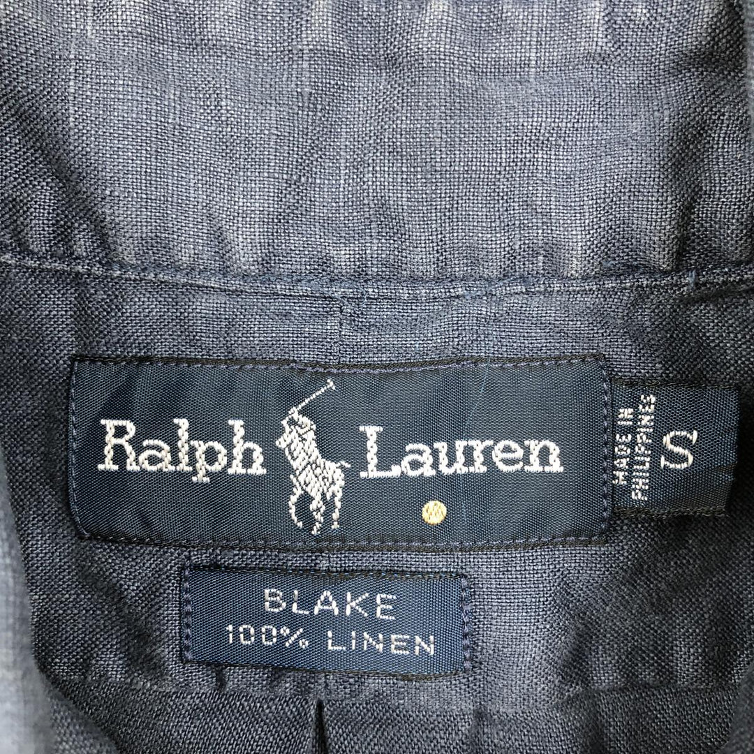 Ralph Lauren BLAKE Short-Sleeve Linen Button-Down Shirt, Men's Size S (approx.) linen navy blue type Vintage Second Hand
