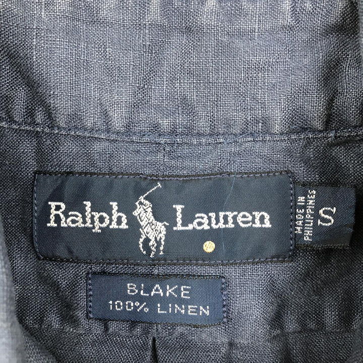 Ralph Lauren BLAKE Short-Sleeve Linen Button-Down Shirt, Men's Size S (approx.) linen navy blue type Vintage Second Hand