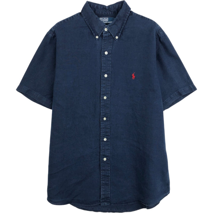 Ralph Lauren POLO by Ralph Lauren CUSTOM FIT short-sleeved linen button-down shirt, men's size L linen navy blue type Vintage Second Hand