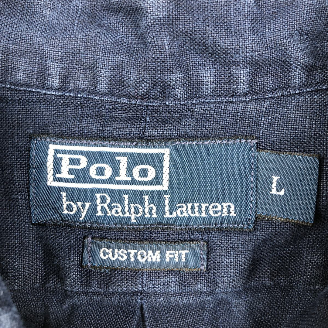 Ralph Lauren POLO by Ralph Lauren CUSTOM FIT short-sleeved linen button-down shirt, men's size L linen navy blue type Vintage Second Hand