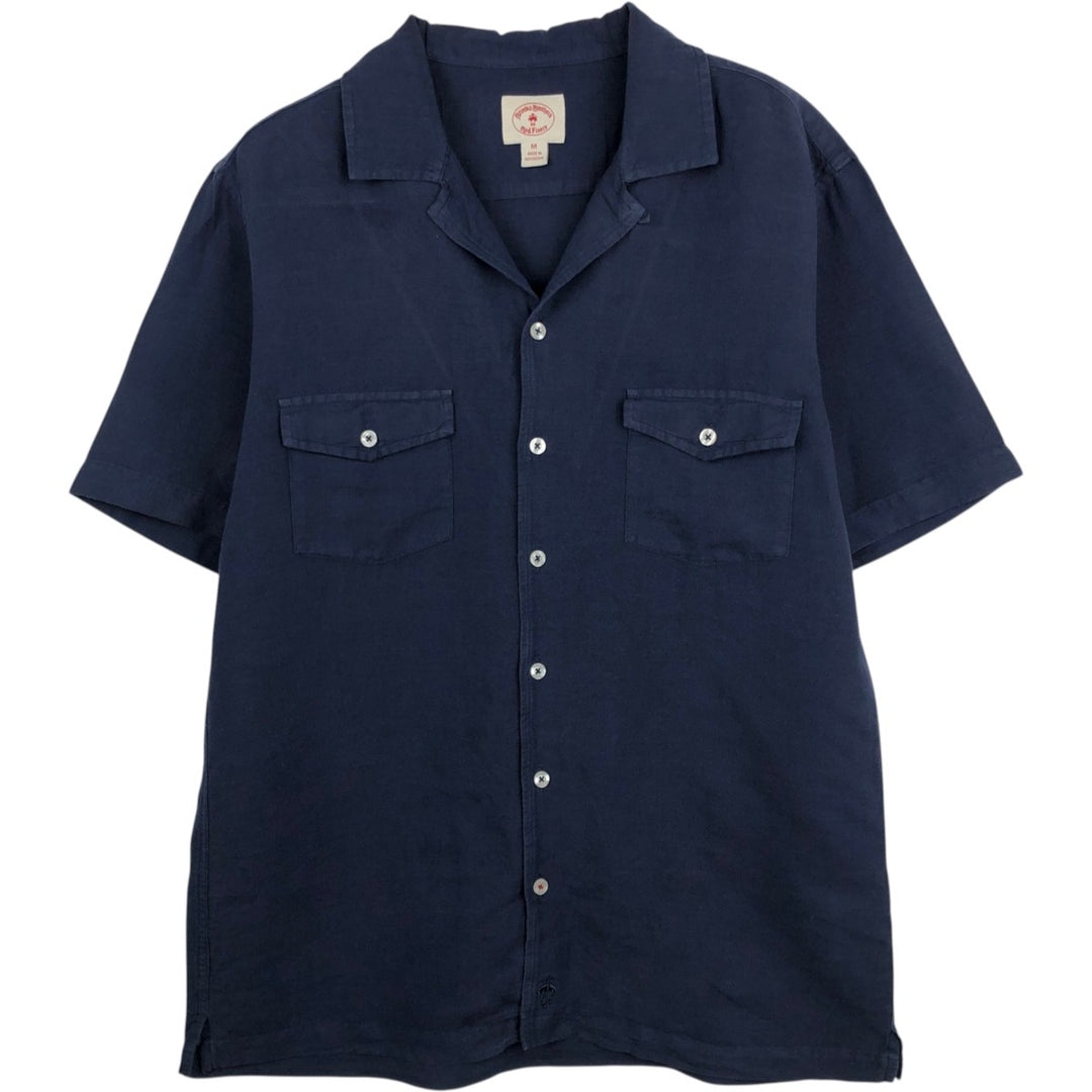Brooks Brothers Red Fleece Short-Sleeve Open-Collar Linen Shirt (Men's Size M) linen navy blue type Vintage Second Hand