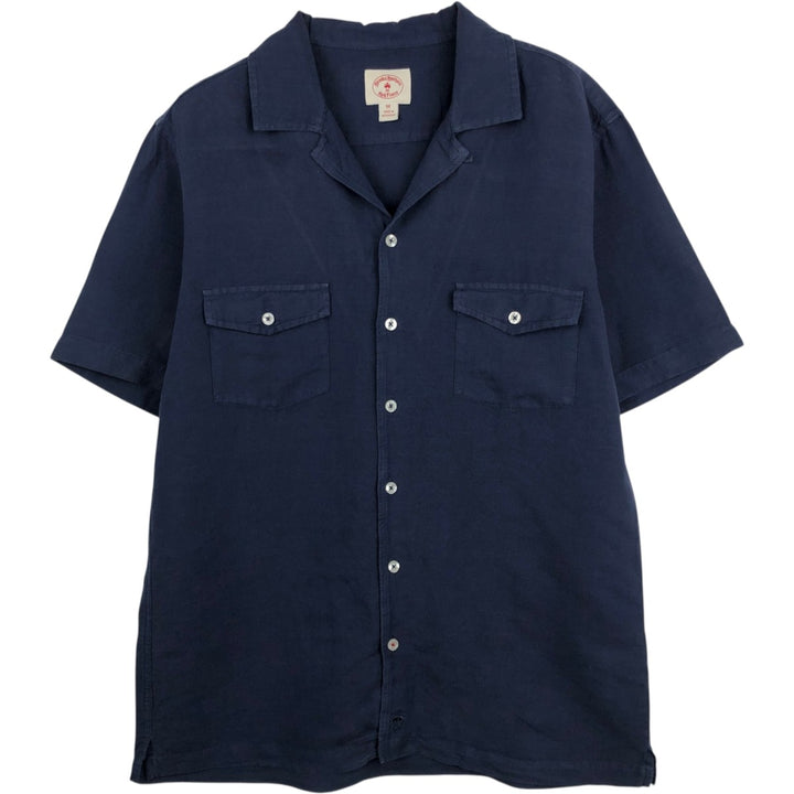 Brooks Brothers Red Fleece Short-Sleeve Open-Collar Linen Shirt (Men's Size M) linen navy blue type Vintage Second Hand