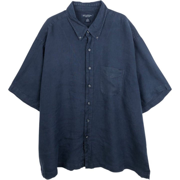 Brooks Brothers Irish Linen Short-Sleeve Button-Down Shirt, Men's Size XL (approx.) linen navy blue type Vintage Second Hand