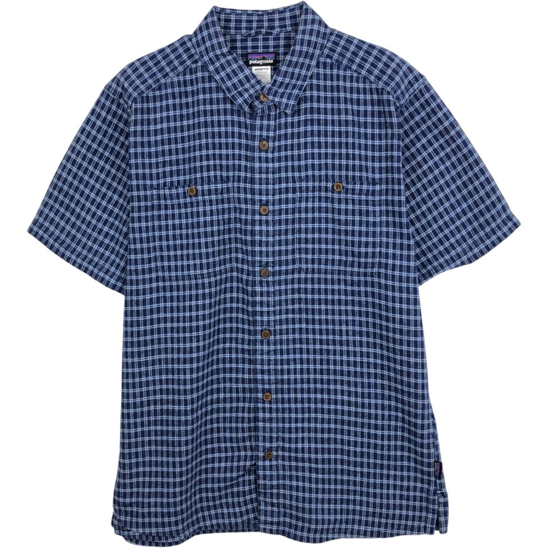 Patagonia 53138SP14 Check Pattern Short-Sleeve Organic Cotton x Linen Box Shirt (Men's Size M) Hemp blue type Vintage Second Hand