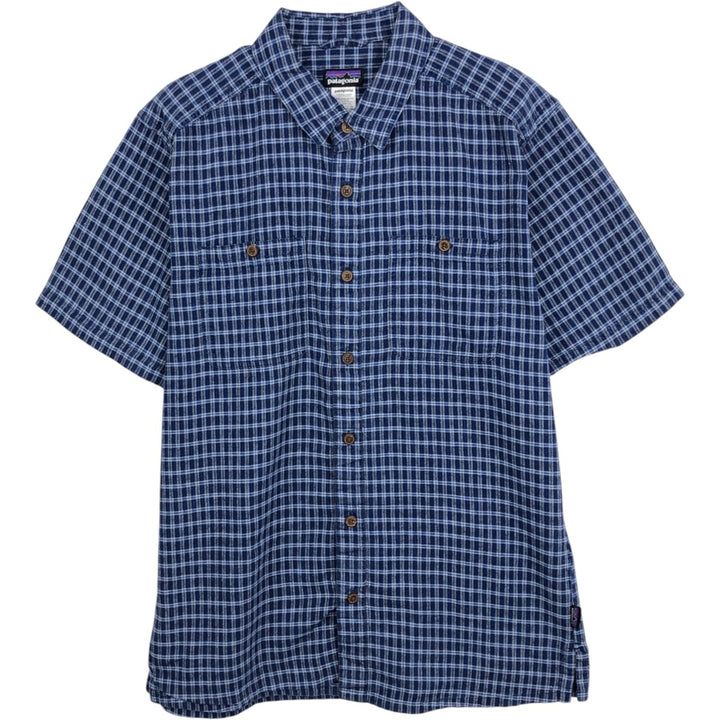 Patagonia 53138SP14 Check Pattern Short-Sleeve Organic Cotton x Linen Box Shirt (Men's Size M) Hemp blue type Vintage Second Hand