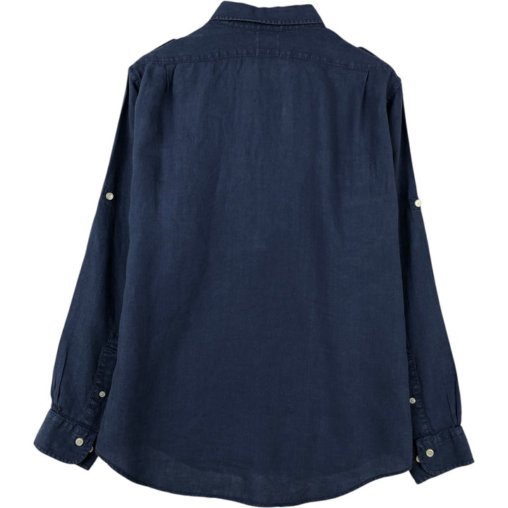 Brooks Brothers Est. 1818 Wide Collar Long Sleeve Linen Shirt, Men's Size L linen navy blue type Vintage Second Hand