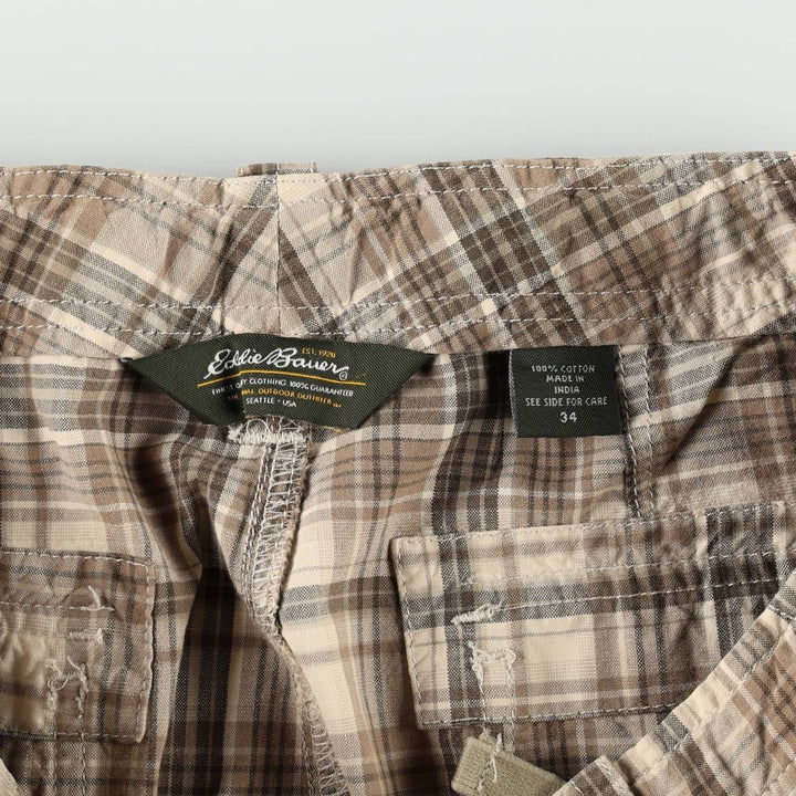 Eddie Bauer Check Pattern Cargo Shorts, Men's W34 (approx.) cotton Khaki type beige Vintage Second Hand