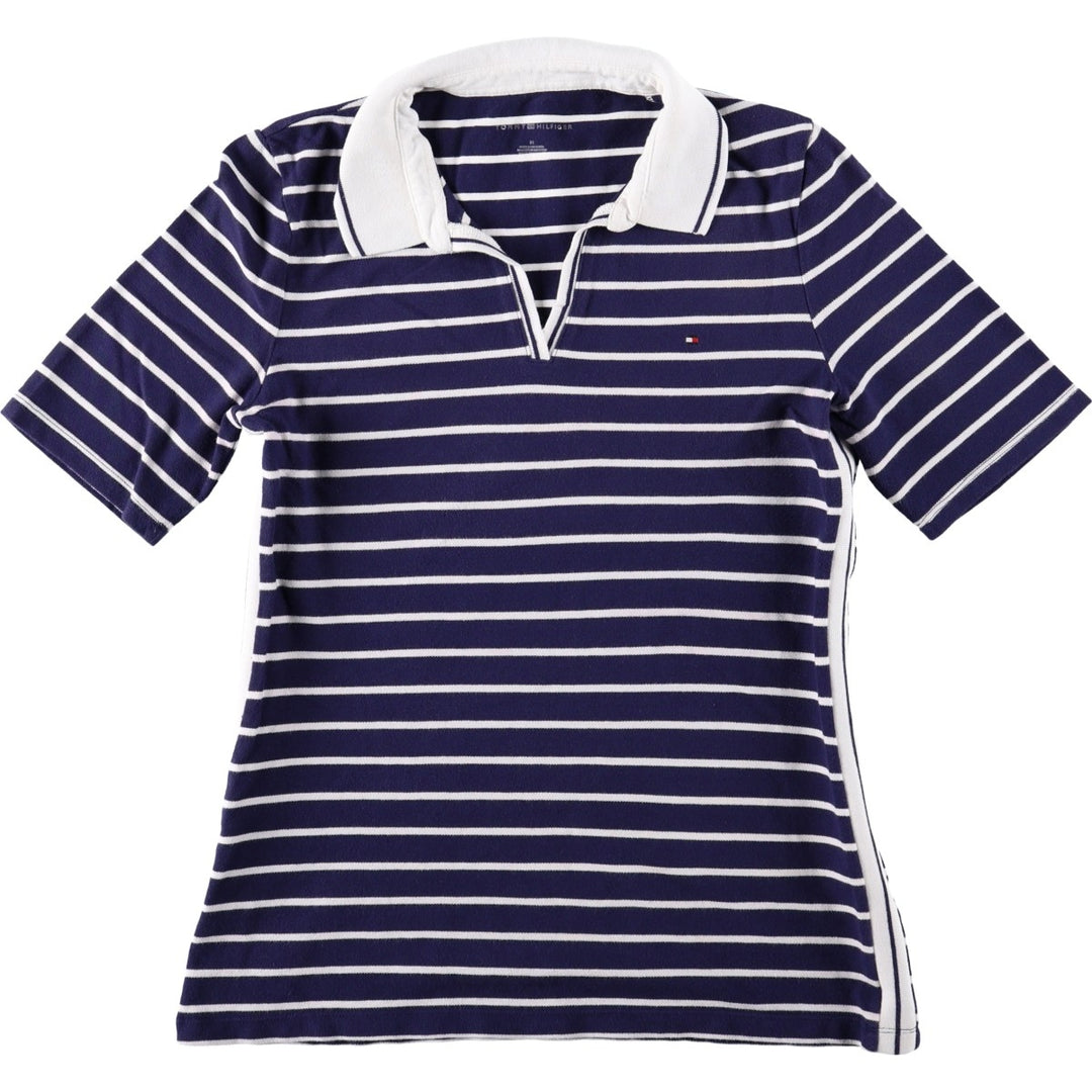 Tommy Hilfiger Skipper Collar Short-Sleeve Striped Polo Shirt, Women's Size M (approx.) cotton navy blue type Vintage Second Hand