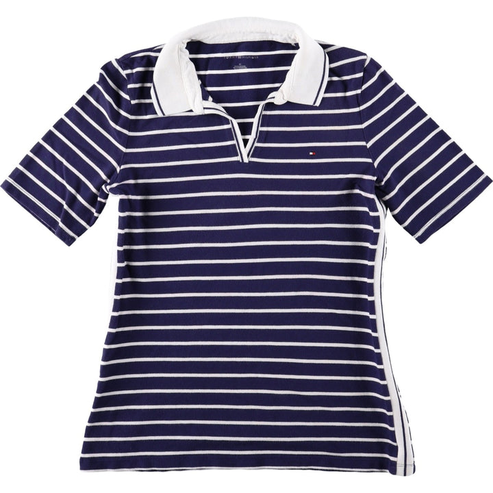 Tommy Hilfiger Skipper Collar Short-Sleeve Striped Polo Shirt, Women's Size M (approx.) cotton navy blue type Vintage Second Hand