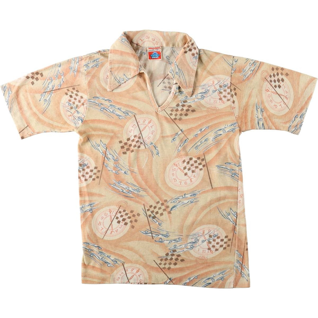 1970'S Sears Put On Shop all-over print skipper collar short-sleeved polo shirt, women's size S equivalent, vintage. polyester coral Vintage Second Hand