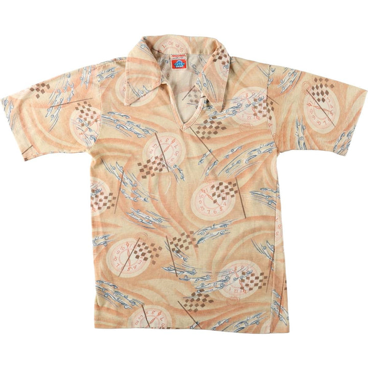 1970'S Sears Put On Shop all-over print skipper collar short-sleeved polo shirt, women's size S equivalent, vintage. polyester coral Vintage Second Hand