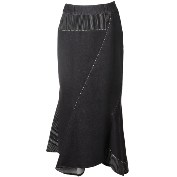 Femme je vous aime Stripe Pattern Irregular Hem Midi Patchwork Denim Mermaid Skirt (Women's Size L) polyester black type Vintage Second Hand