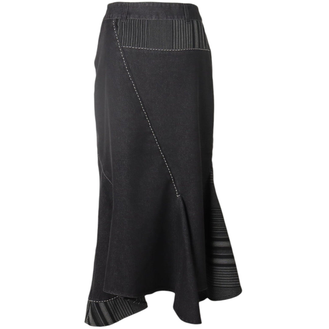 Femme je vous aime Stripe Pattern Irregular Hem Midi Patchwork Denim Mermaid Skirt (Women's Size L) polyester black type Vintage Second Hand