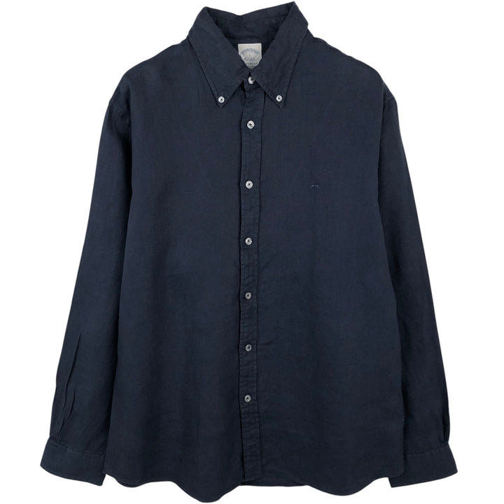 Brooks Brothers Est.1818 REGENT FIT Long-Sleeve Linen Button-Down Shirt, Men's Size L (approx.) linen navy blue type Vintage Second Hand