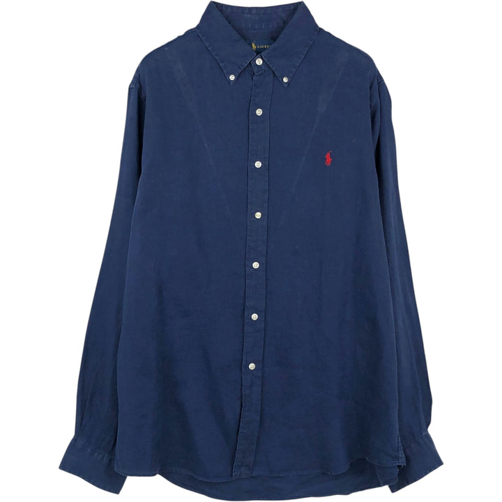 Ralph Lauren long sleeve linen button down shirt, men's size L linen navy blue type Vintage Second Hand