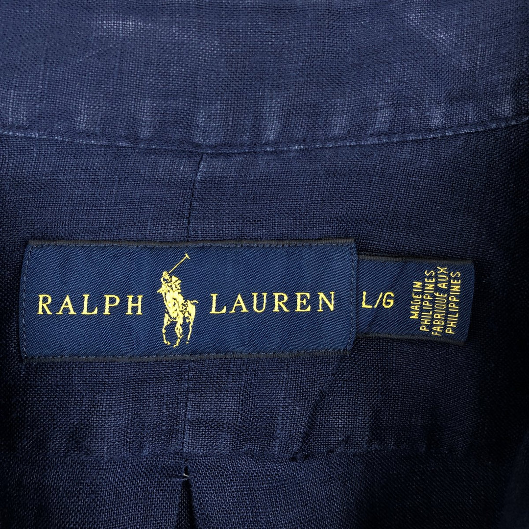 Ralph Lauren long sleeve linen button down shirt, men's size L linen navy blue type Vintage Second Hand
