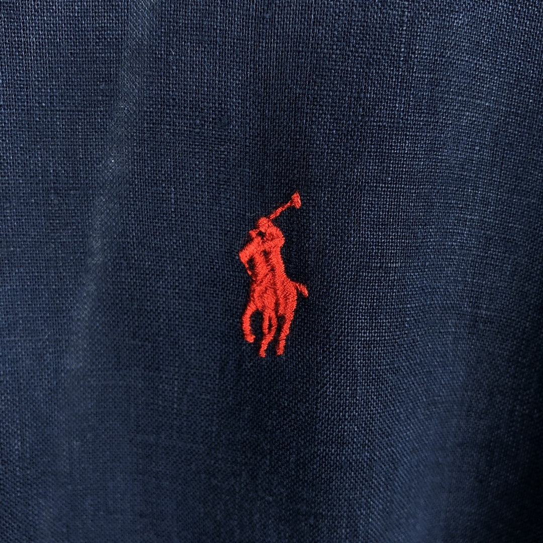 Ralph Lauren long sleeve linen button down shirt, men's size L linen navy blue type Vintage Second Hand