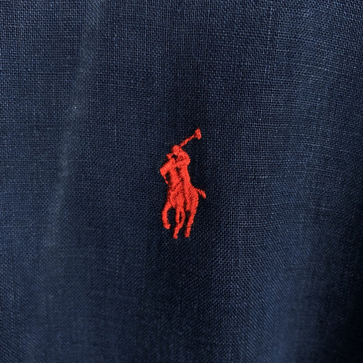 Ralph Lauren long sleeve linen button down shirt, men's size L linen navy blue type Vintage Second Hand