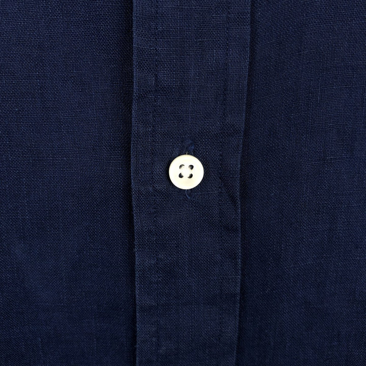 Ralph Lauren long sleeve linen button down shirt, men's size L linen navy blue type Vintage Second Hand