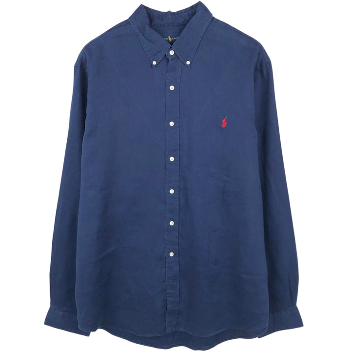 Ralph Lauren long-sleeved linen button-down shirt, men's size XXL linen navy blue type Vintage Second Hand