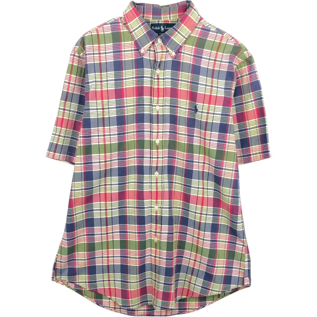 Ralph Lauren CUSTOM FIT Madras check short-sleeved button-down check shirt, men's size L (approx.) cotton red type Vintage Second Hand