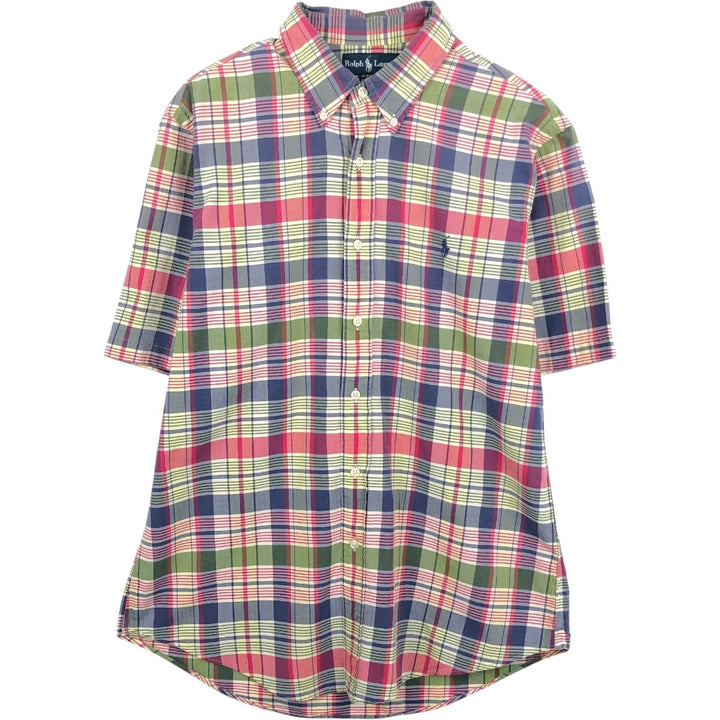 Ralph Lauren CUSTOM FIT Madras check short-sleeved button-down check shirt, men's size L (approx.) cotton red type Vintage Second Hand