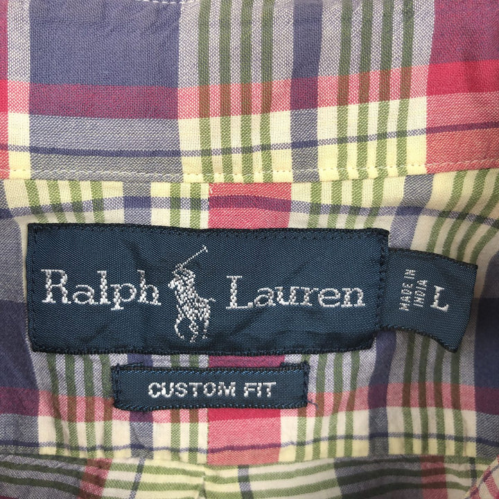 Ralph Lauren CUSTOM FIT Madras check short-sleeved button-down check shirt, men's size L (approx.) cotton red type Vintage Second Hand