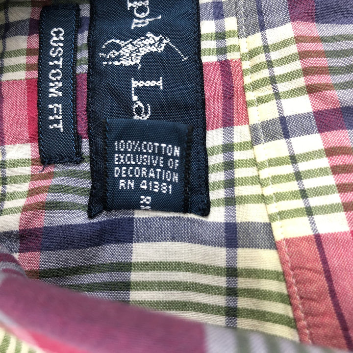 Ralph Lauren CUSTOM FIT Madras check short-sleeved button-down check shirt, men's size L (approx.) cotton red type Vintage Second Hand