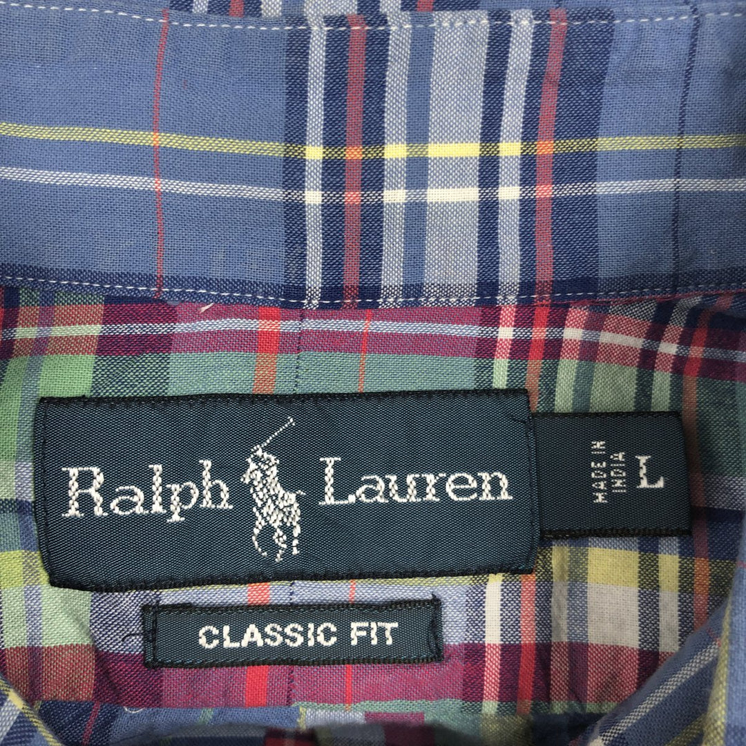 Ralph Lauren CLASSIC FIT Madras Check Short-Sleeve Button-Down Check Shirt (Men's Size L) cotton blue type Vintage Second Hand