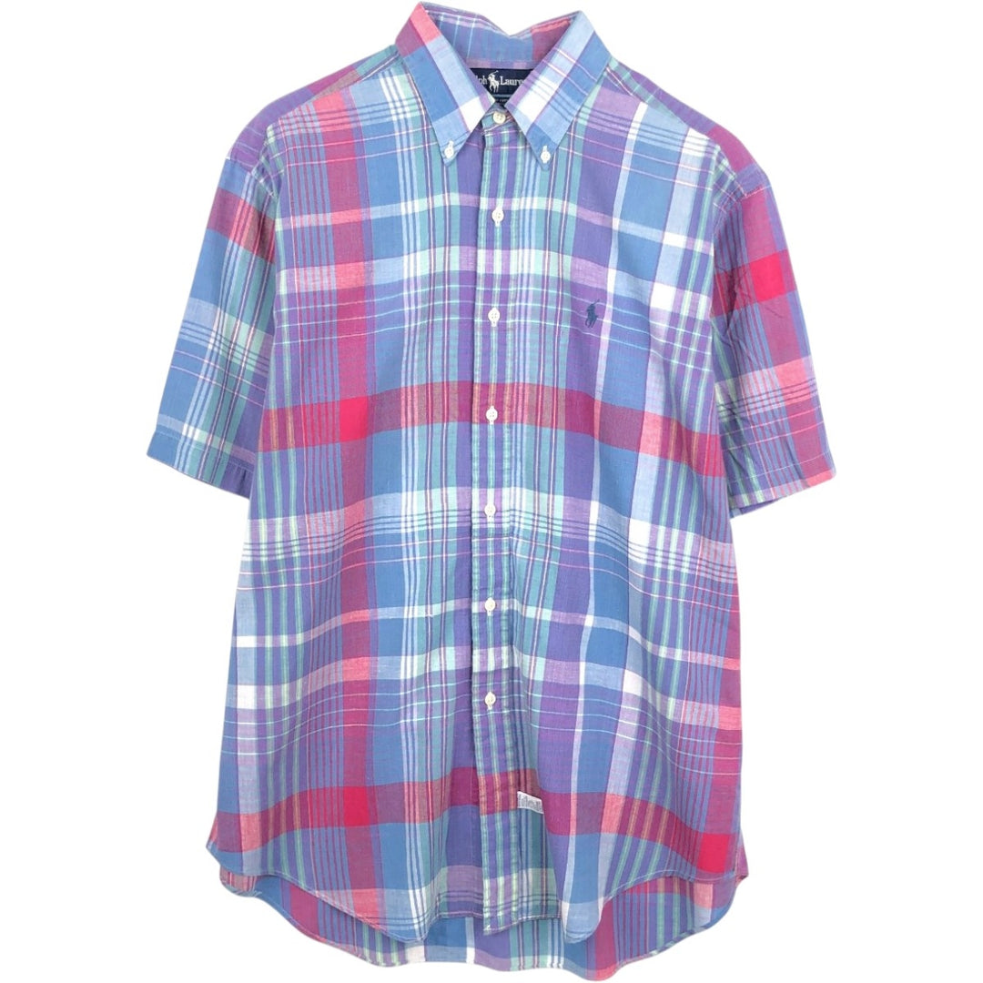 Ralph Lauren Madras check short-sleeved button-down check shirt, men's size M (approx.) cotton blue type Vintage Second Hand