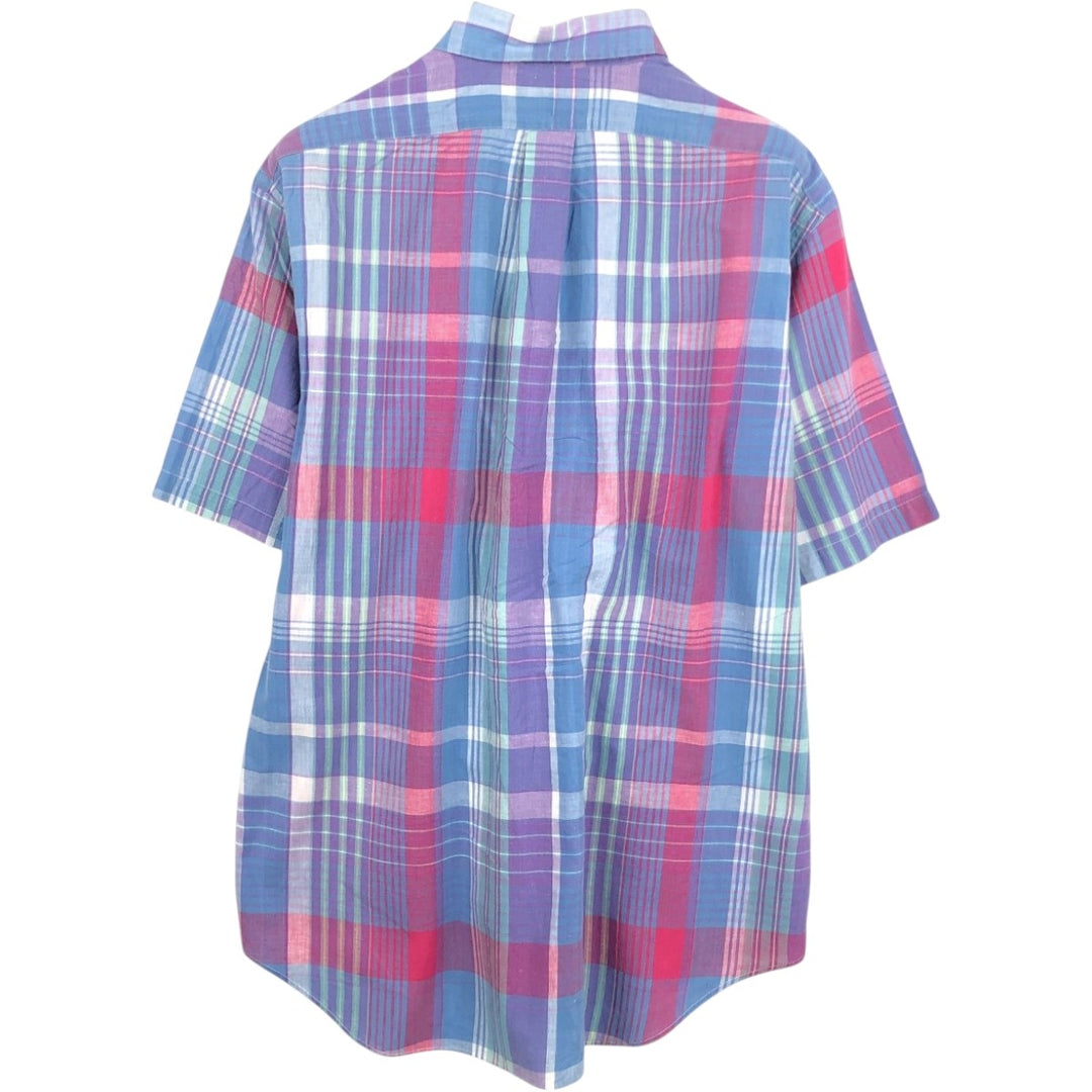 Ralph Lauren Madras check short-sleeved button-down check shirt, men's size M (approx.) cotton blue type Vintage Second Hand