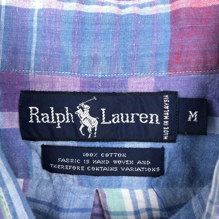 Ralph Lauren Madras check short-sleeved button-down check shirt, men's size M (approx.) cotton blue type Vintage Second Hand
