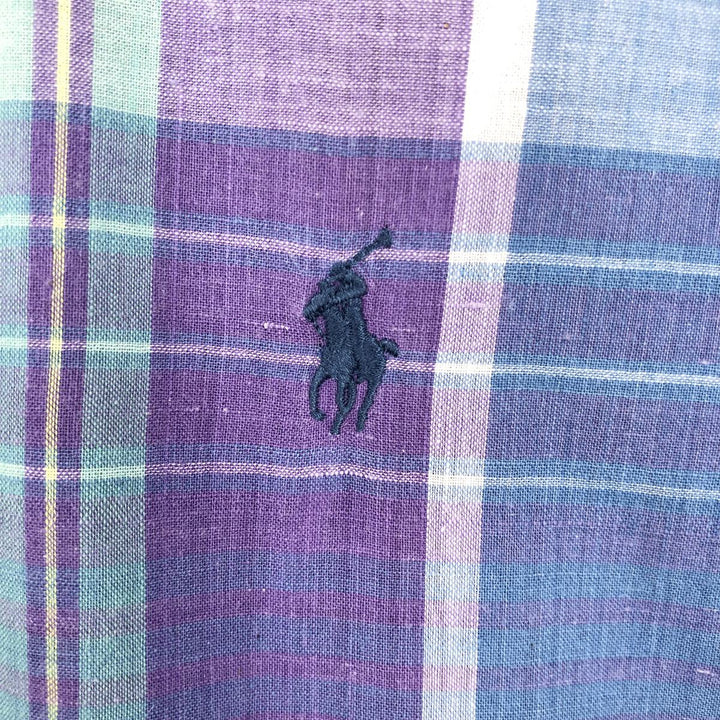 Ralph Lauren Madras check short-sleeved button-down check shirt, men's size M (approx.) cotton blue type Vintage Second Hand