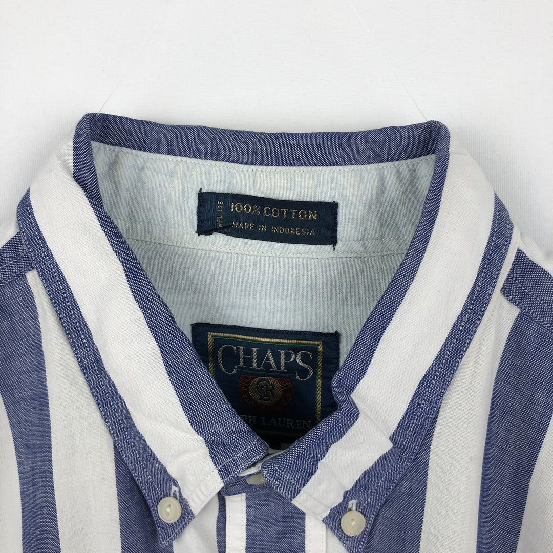 Vintage 1980'S Ralph Lauren CHAPS short-sleeved button-down striped shirt, men's size L (approx.). cotton navy blue type Vintage Second Hand