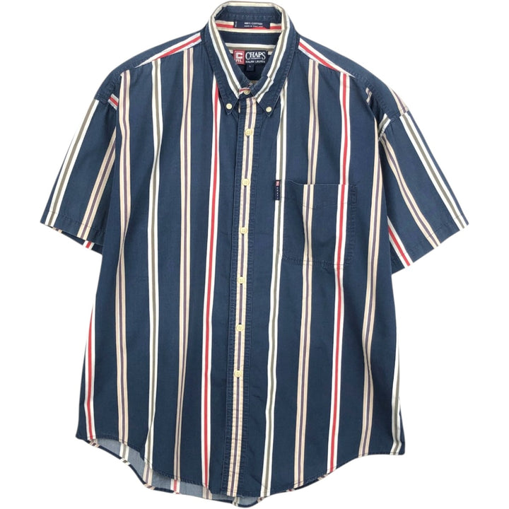 Ralph Lauren CHAPS Multi-stripe Short-Sleeve Button-Down Striped Shirt, Men's Size L (approx.) cotton navy blue type Vintage Second Hand