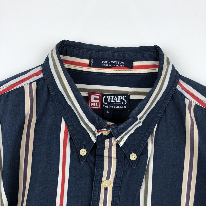 Ralph Lauren CHAPS Multi-stripe Short-Sleeve Button-Down Striped Shirt, Men's Size L (approx.) cotton navy blue type Vintage Second Hand