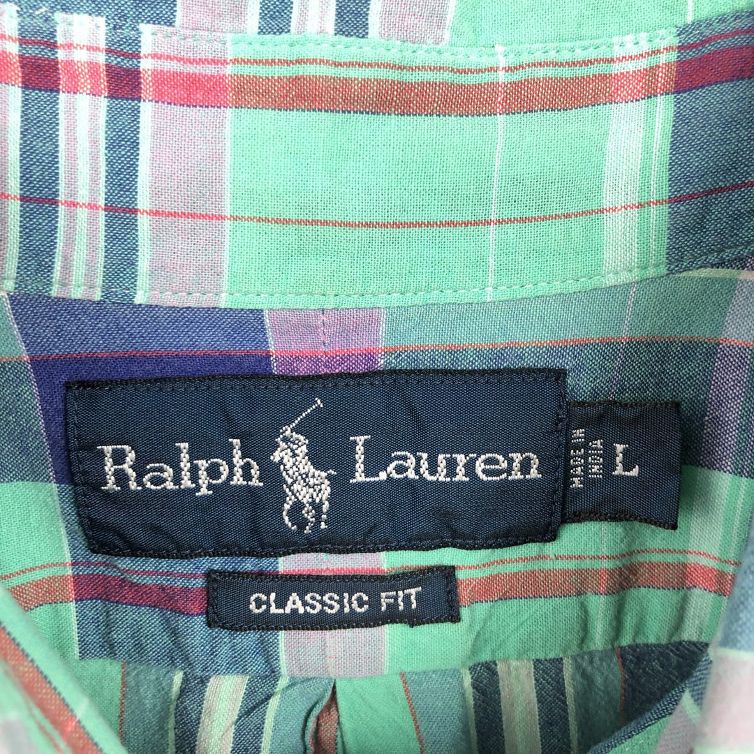 Ralph Lauren CLASSIC FIT Madras Check Short-Sleeve Button-Down Check Shirt (Men's Size L) cotton Emerald green Vintage Second Hand