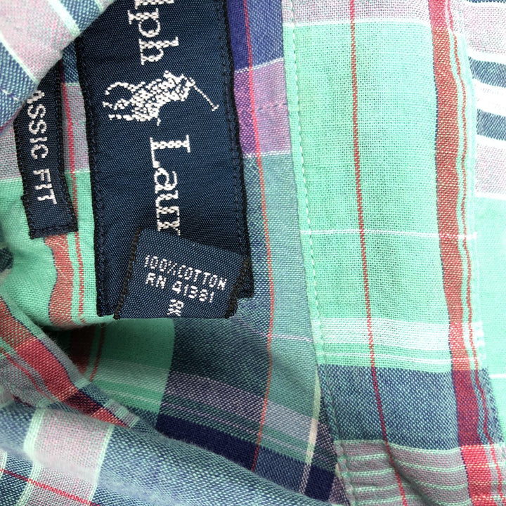 Ralph Lauren CLASSIC FIT Madras Check Short-Sleeve Button-Down Check Shirt (Men's Size L) cotton Emerald green Vintage Second Hand