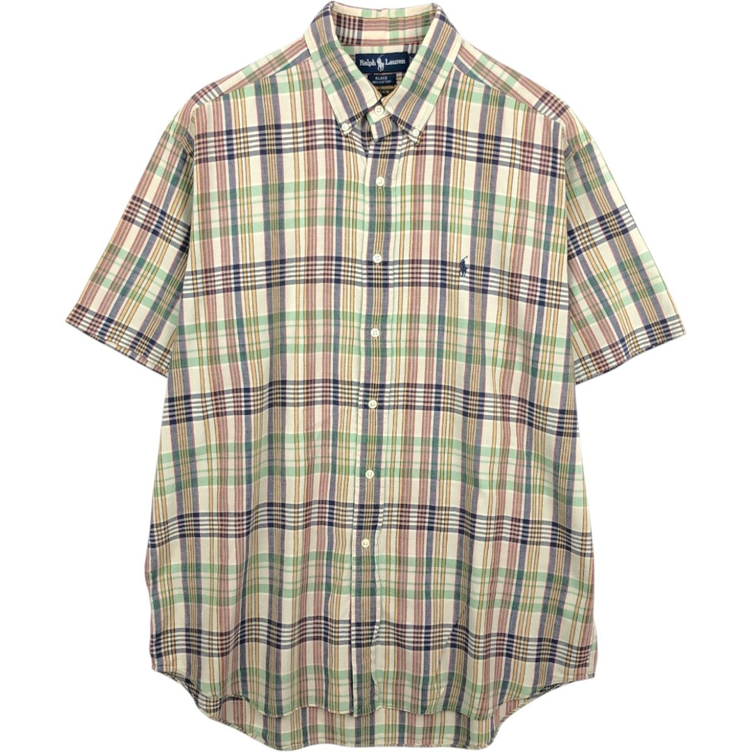Ralph Lauren BLAKE short sleeve button down check shirt, men's size L cotton Khaki type sage green Vintage Second Hand
