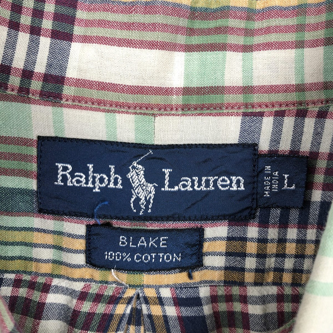 Ralph Lauren BLAKE short sleeve button down check shirt, men's size L cotton Khaki type sage green Vintage Second Hand