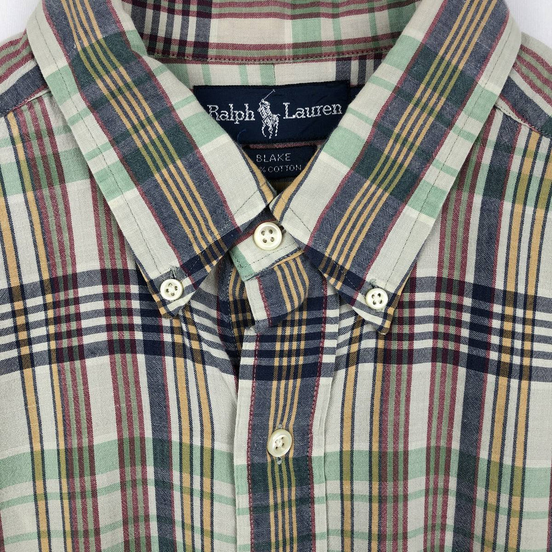 Ralph Lauren BLAKE short sleeve button down check shirt, men's size L cotton Khaki type sage green Vintage Second Hand