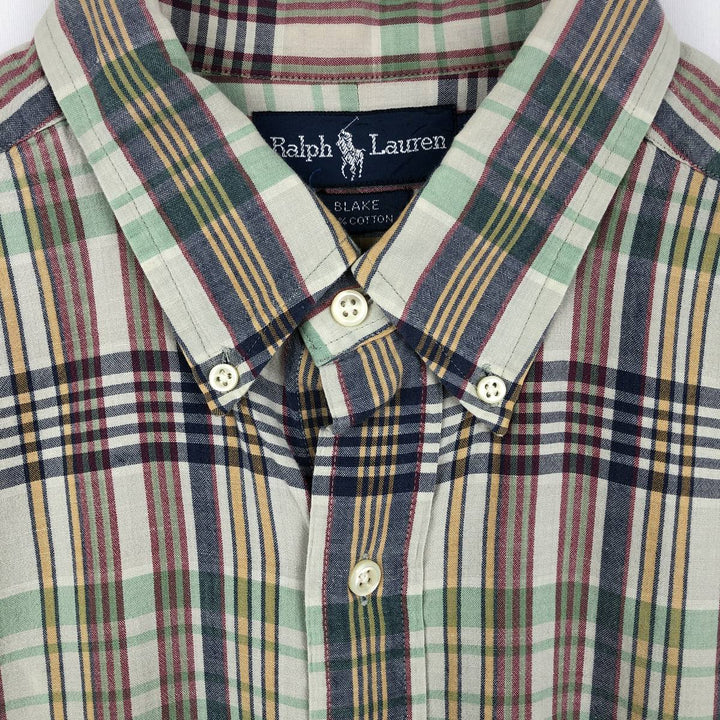 Ralph Lauren BLAKE short sleeve button down check shirt, men's size L cotton Khaki type sage green Vintage Second Hand