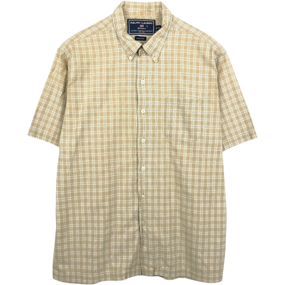 Ralph Lauren RALPH LAUREN SPORT Short-Sleeve Button-Down Check Shirt, Boxy Shirt, Men's Size XL (approx.) cotton Beige type Vintage Second Hand