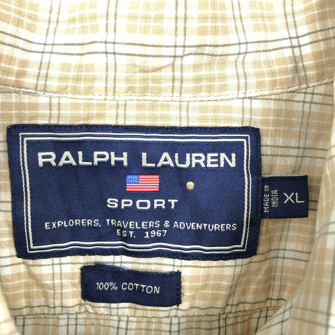 Ralph Lauren RALPH LAUREN SPORT Short-Sleeve Button-Down Check Shirt, Boxy Shirt, Men's Size XL (approx.) cotton Beige type Vintage Second Hand