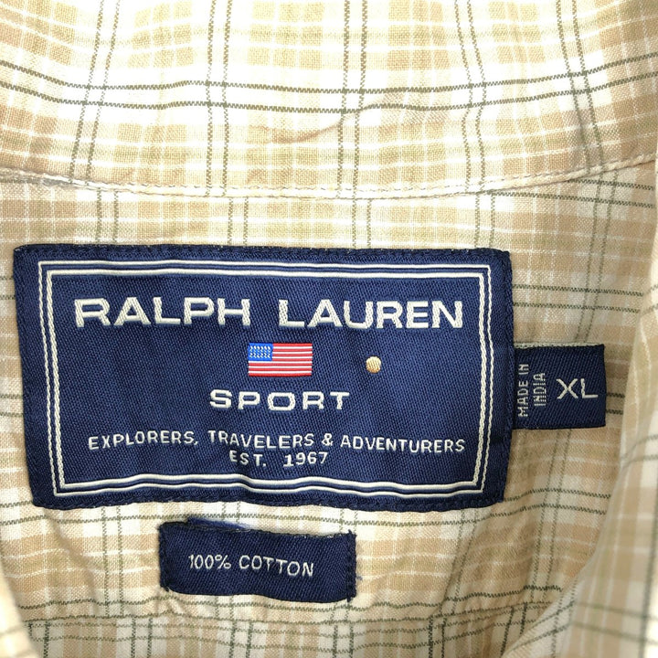 Ralph Lauren RALPH LAUREN SPORT Short-Sleeve Button-Down Check Shirt, Boxy Shirt, Men's Size XL (approx.) cotton Beige type Vintage Second Hand