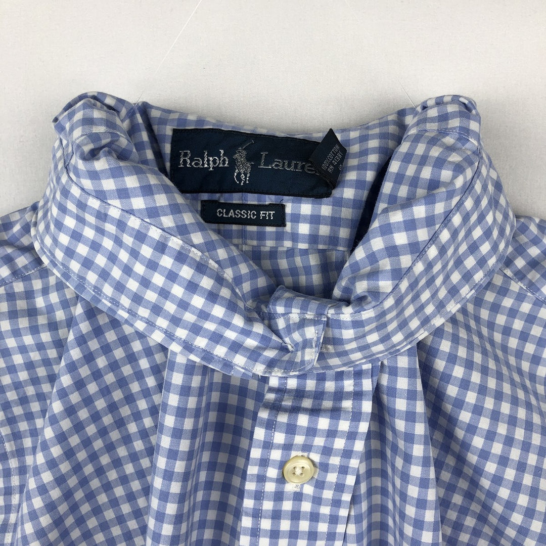 Ralph Lauren CLASSIC FIT Gingham Check Short-Sleeve Button-Down Check Shirt (Men's Size L) cotton blue type Vintage Second Hand