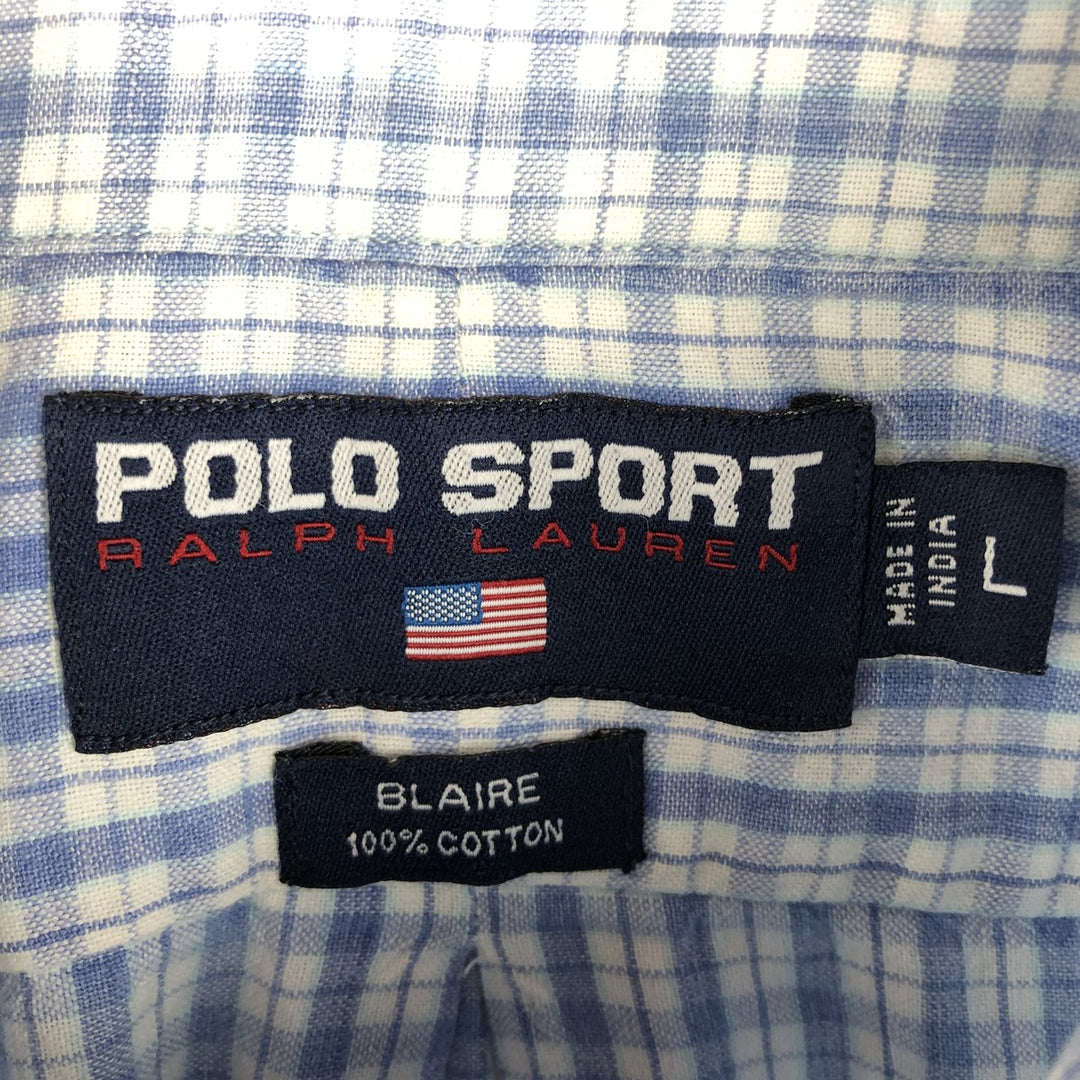 1990'S Ralph Lauren POLO SPORT BLAIRE Short-Sleeve Button-Down Check Shirt, Men's Size L (approx.), Vintage cotton Blue type light blue Vintage Second Hand