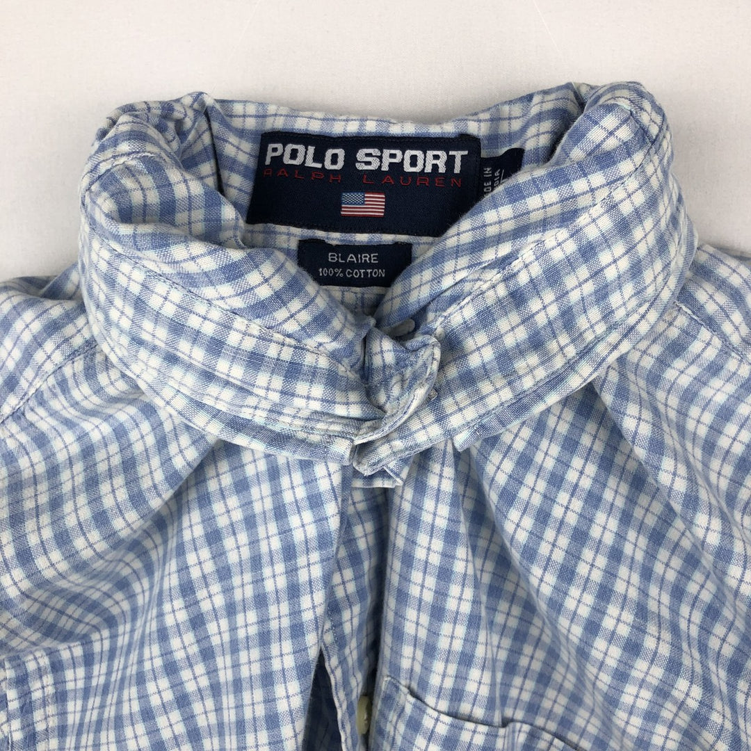 1990'S Ralph Lauren POLO SPORT BLAIRE Short-Sleeve Button-Down Check Shirt, Men's Size L (approx.), Vintage cotton Blue type light blue Vintage Second Hand