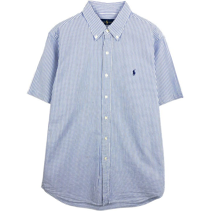 Ralph Lauren Seersucker Short Sleeve Button-Down Striped Shirt, Men's Size L cotton blue type Vintage Second Hand