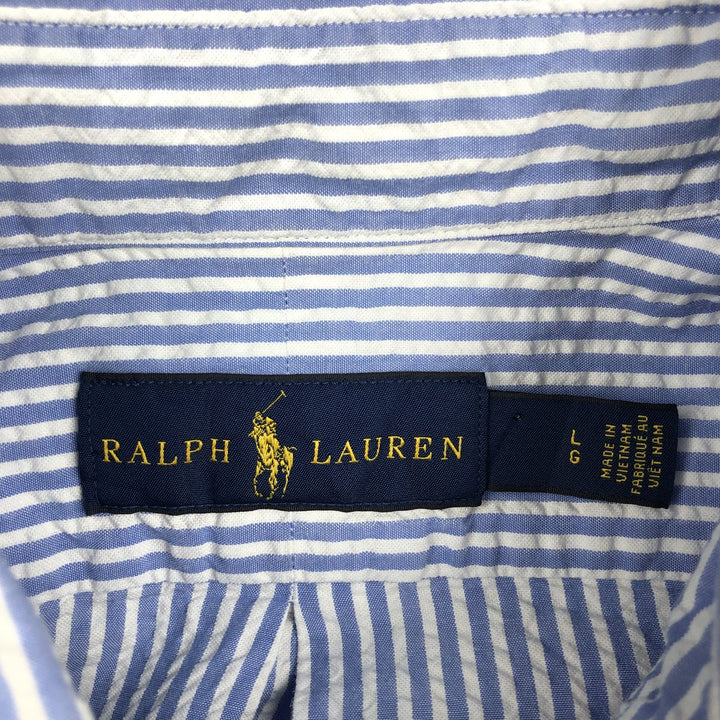 Ralph Lauren Seersucker Short Sleeve Button-Down Striped Shirt, Men's Size L cotton blue type Vintage Second Hand